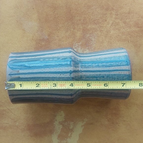 Mid Century Modern Pottery Vase, Japanese Signed Kanji 1960s blue & tan - Picture 6 of 7